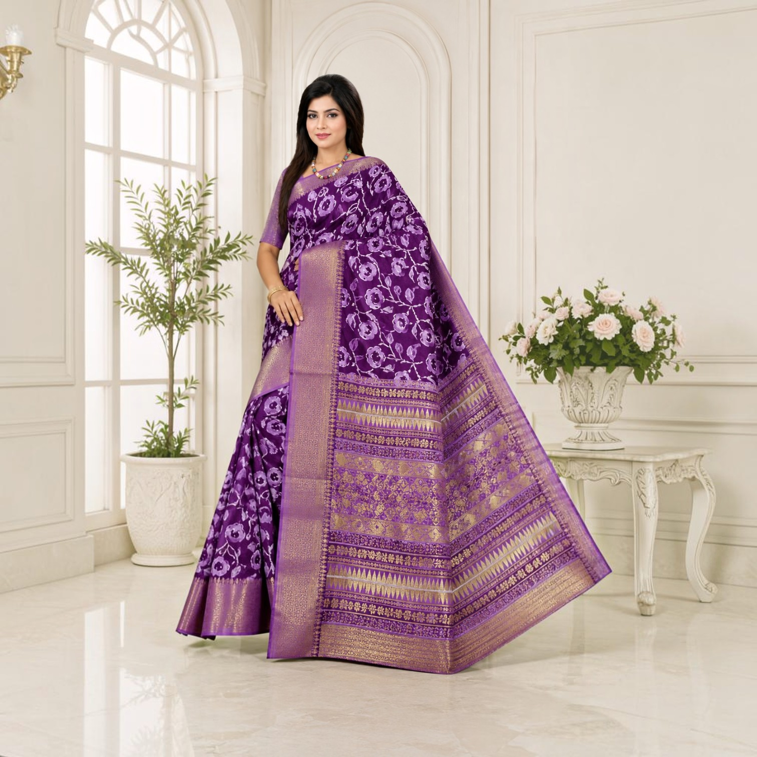 Royal Purple Floral Silk Saree with Traditional Gold Zari Border