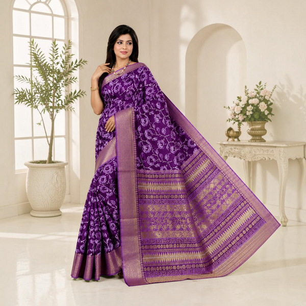 Royal Purple Floral Silk Saree with Traditional Gold Zari Border