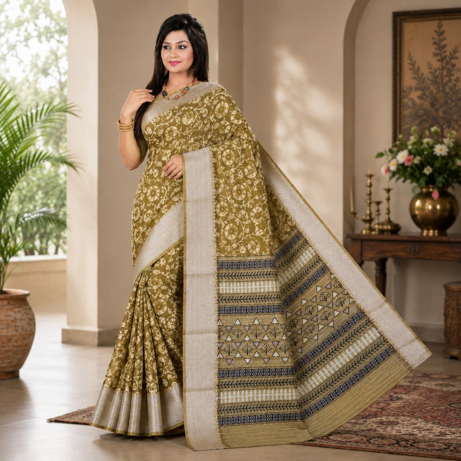 Golden Olive Floral Silk Saree with Traditional Woven Border