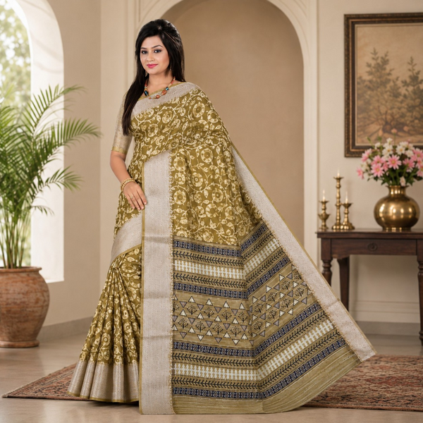 Golden Olive Floral Silk Saree with Traditional Woven Border