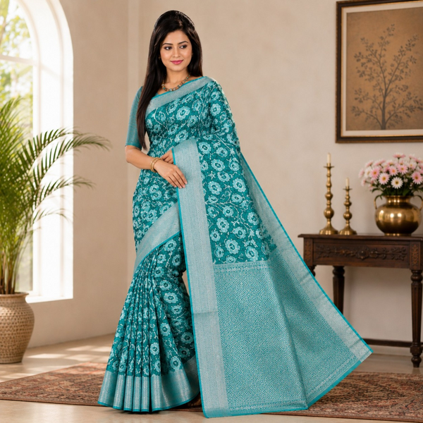 Elegant Teal Floral Printed Silk Blend Saree with Woven Silver Zari Border