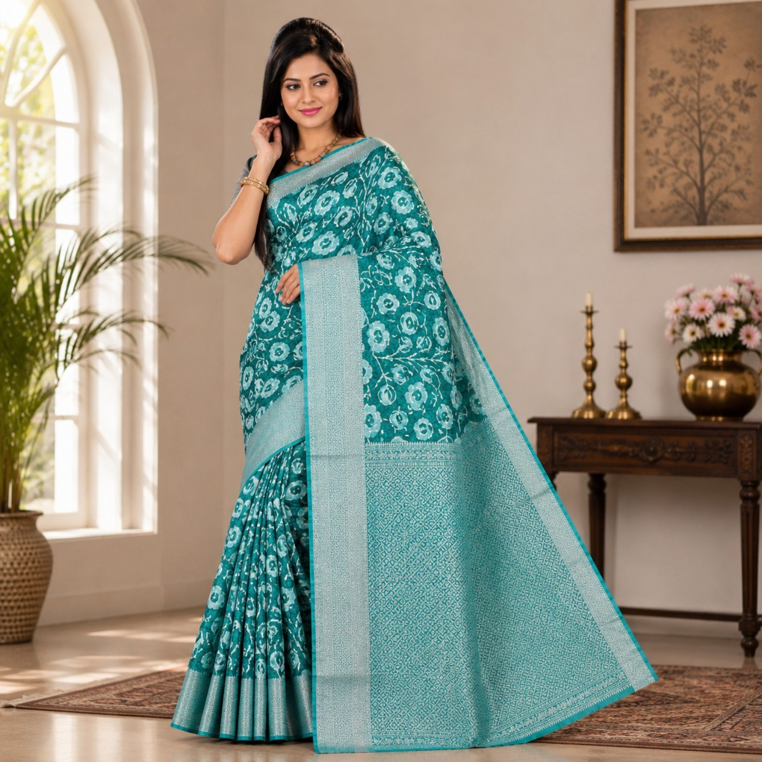 Elegant Teal Floral Printed Silk Blend Saree with Woven Silver Zari Border