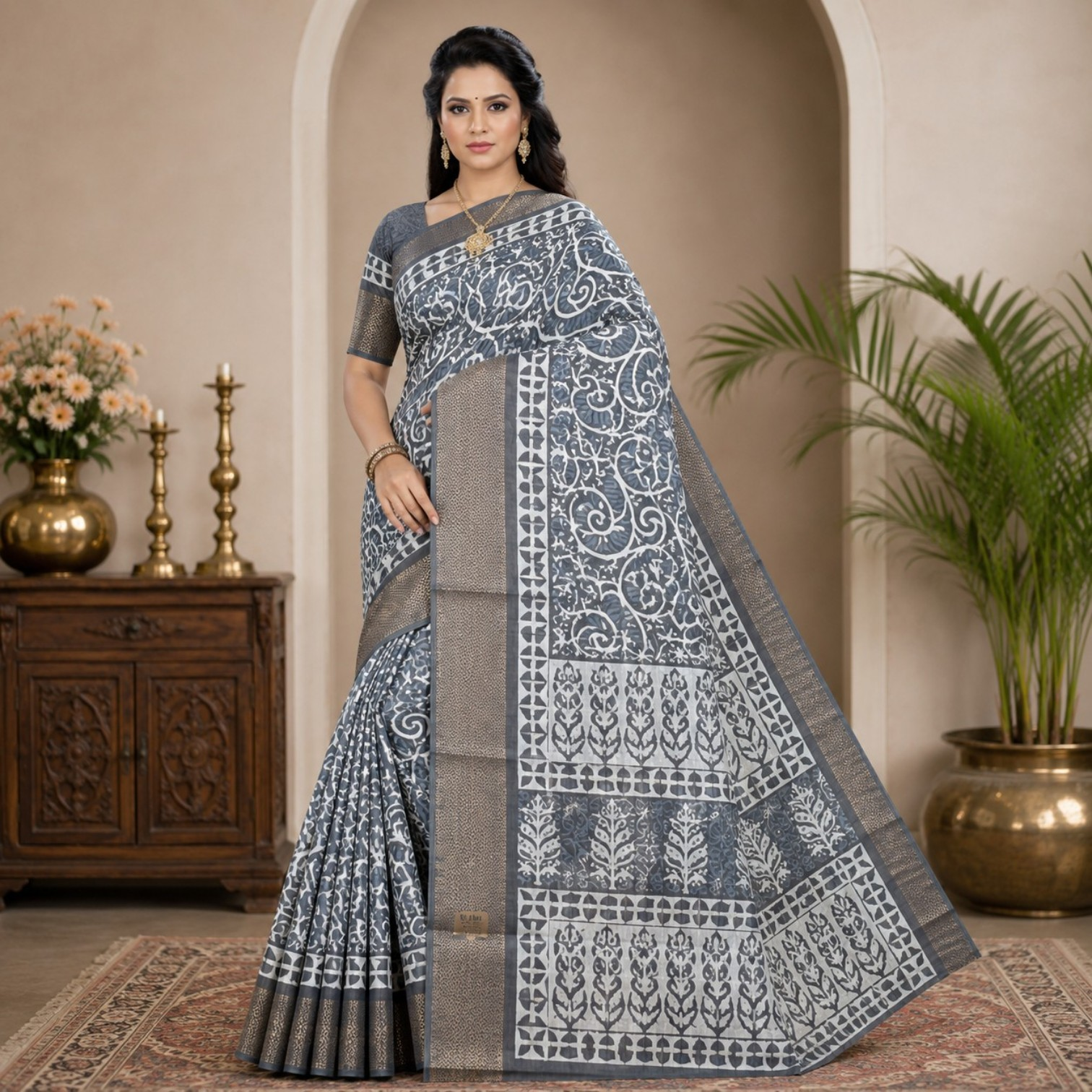 Elegant Slate Gray Floral Printed Silk Saree with Traditional Woven Border