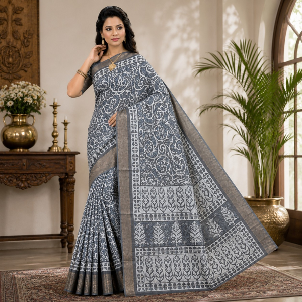Elegant Slate Gray Floral Printed Silk Saree with Traditional Woven Border
