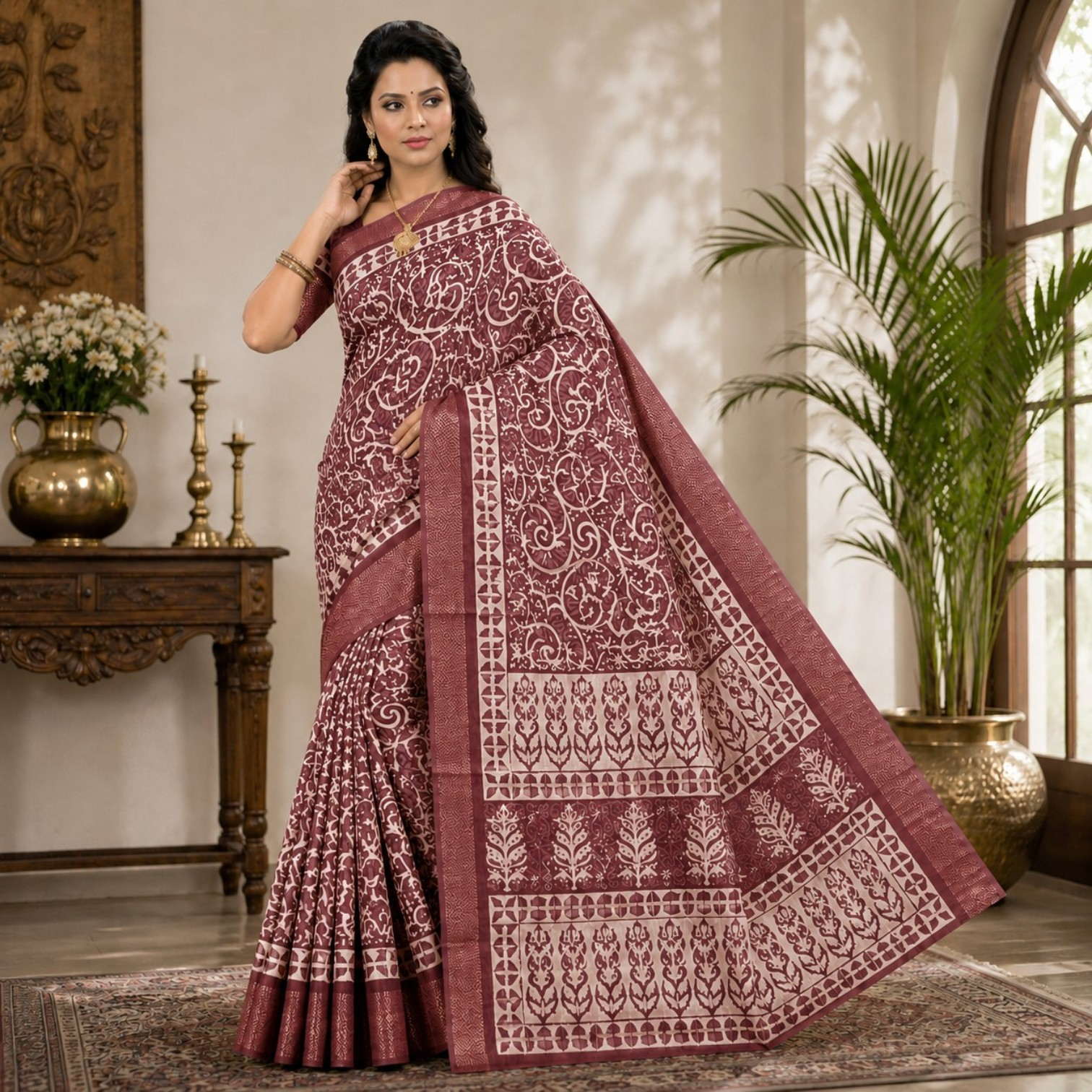 Elegant Wine Red Floral Printed Silk Saree with Traditional Woven Border