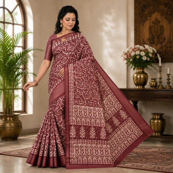 Elegant Wine Red Floral Printed Silk Saree with Traditional Woven Border