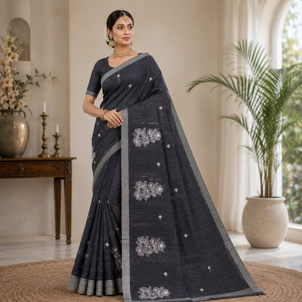 Elegant Charcoal Grey Embroidered Silk Blend Saree with Silver Floral Motifs