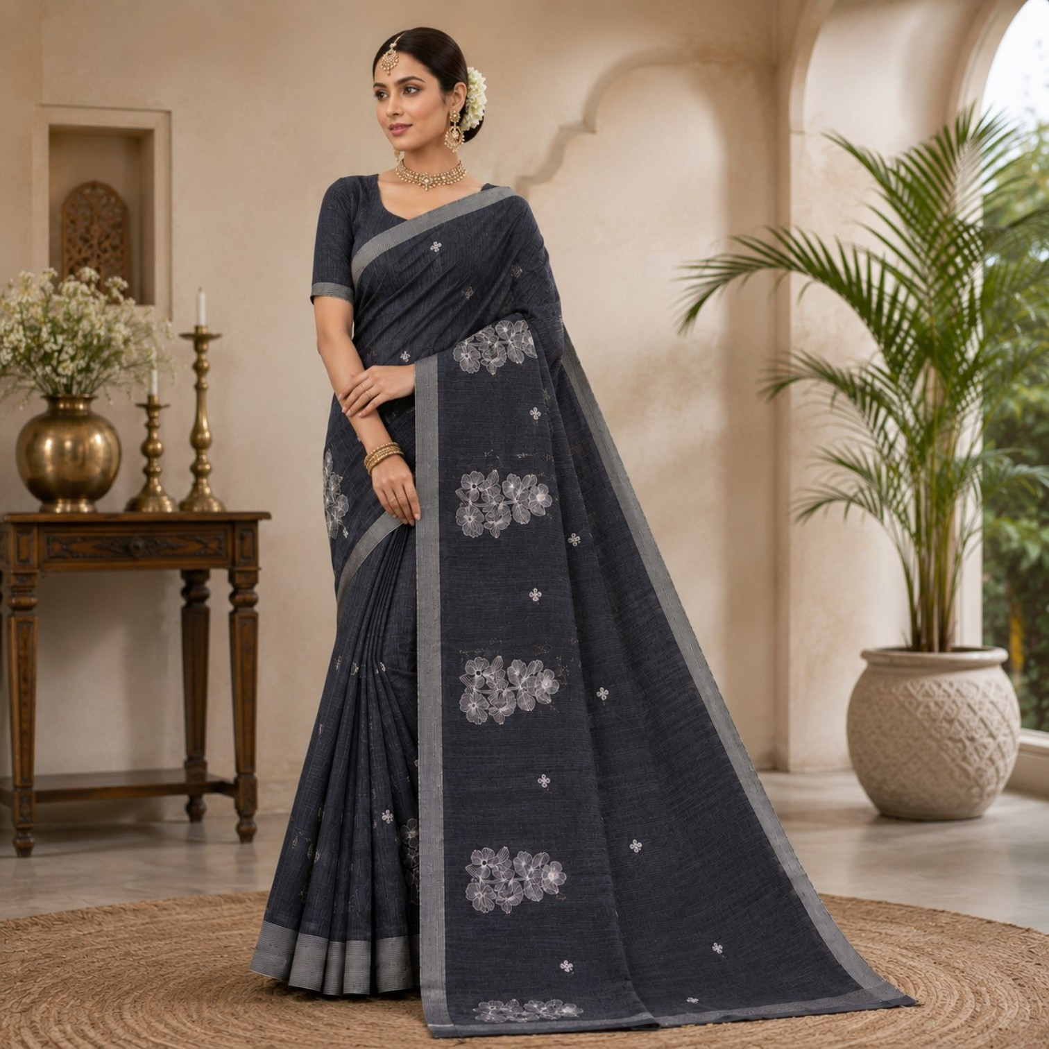 Elegant Charcoal Grey Embroidered Silk Blend Saree with Silver Floral Motifs