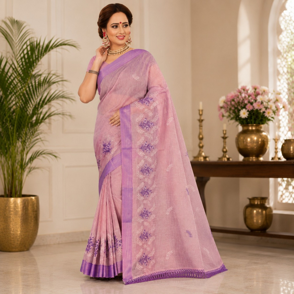Elegant Pastel Pink Embroidered Silk Saree with Lavender Border