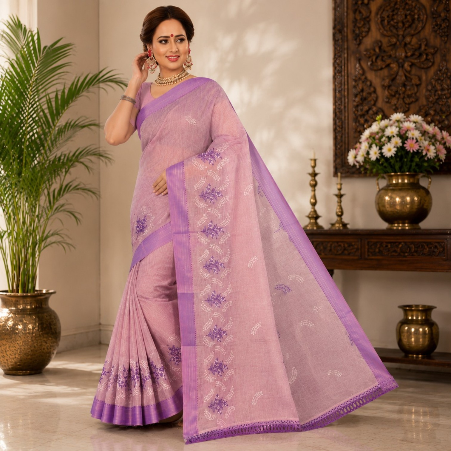 Elegant Pastel Pink Embroidered Silk Saree with Lavender Border