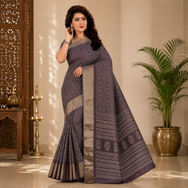 Elegant Grey Printed Silk Blend Saree with Traditional Zari Woven Border