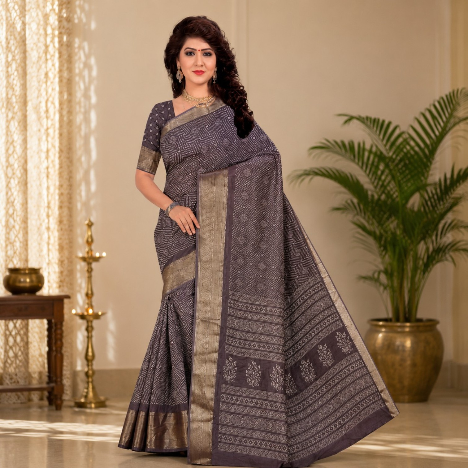 Elegant Grey Printed Silk Blend Saree with Traditional Zari Woven Border