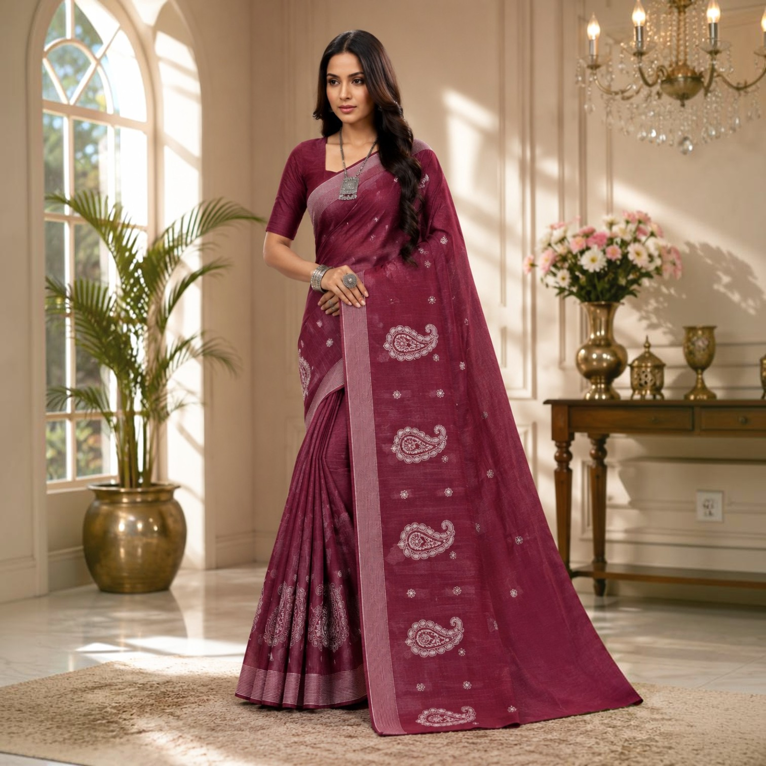 Elegant Wine Embroidered Silk Blend Saree with Silver Paisley Motifs
