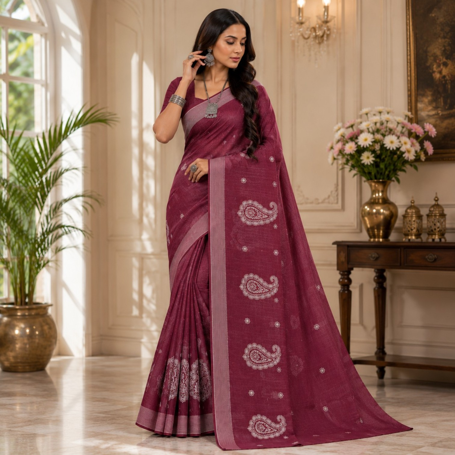 Elegant Wine Embroidered Silk Blend Saree with Silver Paisley Motifs