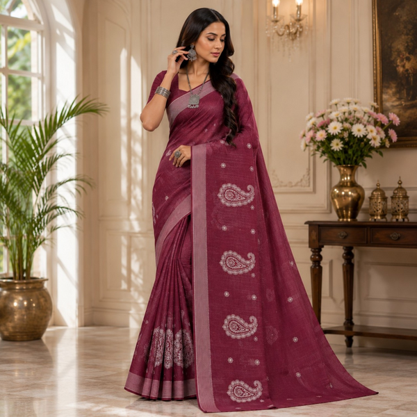 Elegant Wine Embroidered Silk Blend Saree with Silver Paisley Motifs
