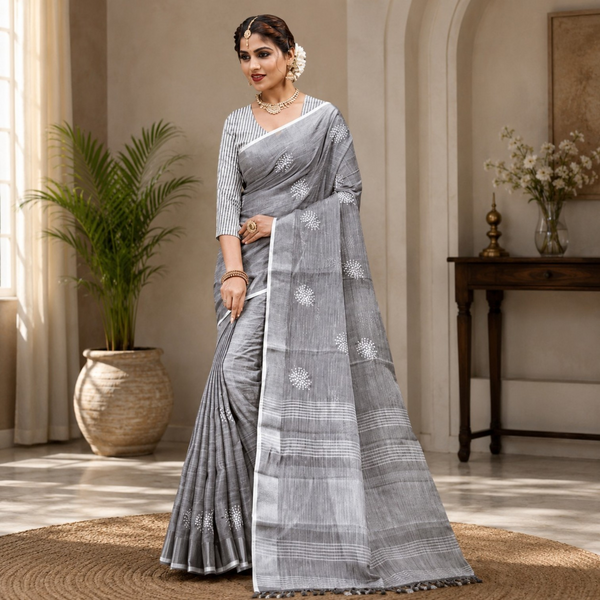 Elegant Silver Grey Embroidered Linen Blend Saree with White Floral Butta