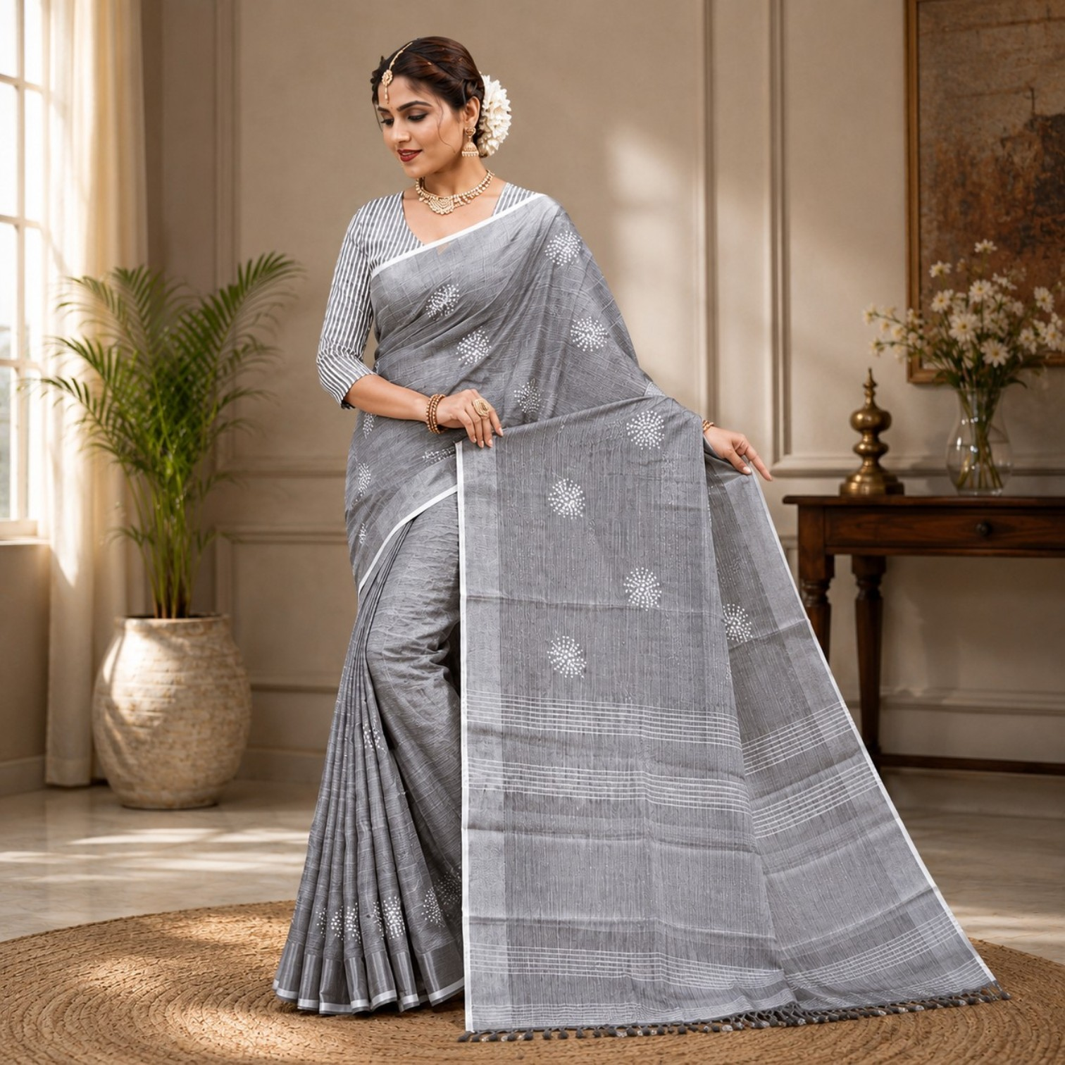 Elegant Silver Grey Embroidered Linen Blend Saree with White Floral Butta