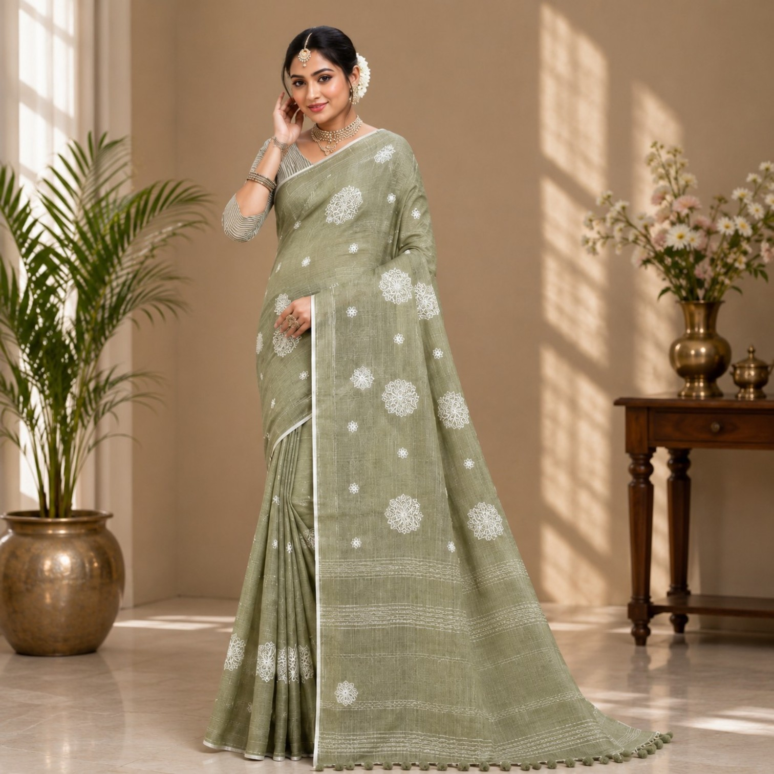 Elegant Sage Green Embroidered Linen Blend Saree with White Floral Butta