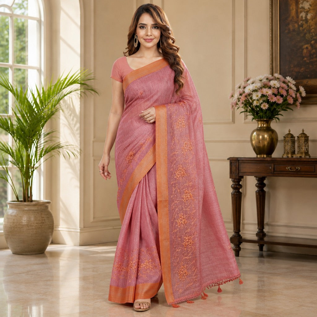 Elegant Dusty Rose Embroidered Linen Blend Saree with Copper Border