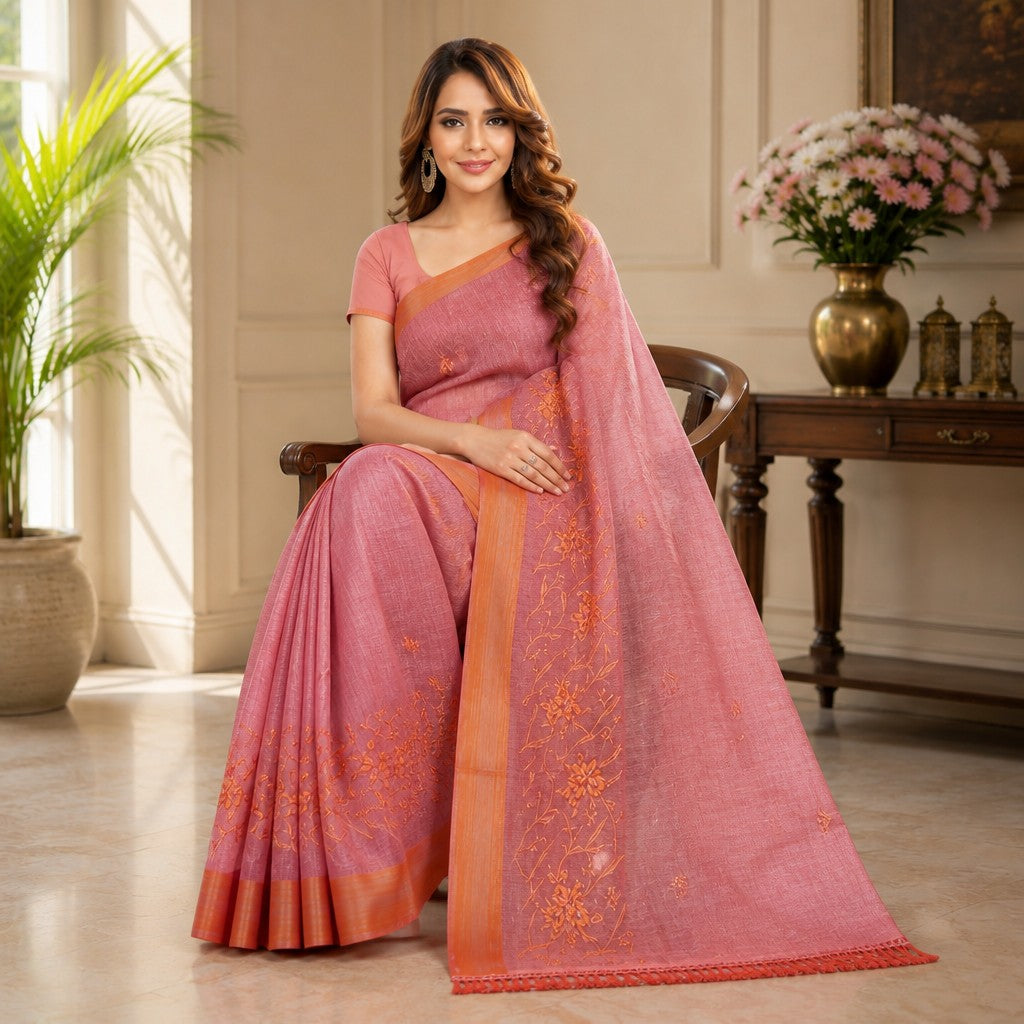 Elegant Dusty Rose Embroidered Linen Blend Saree with Copper Border