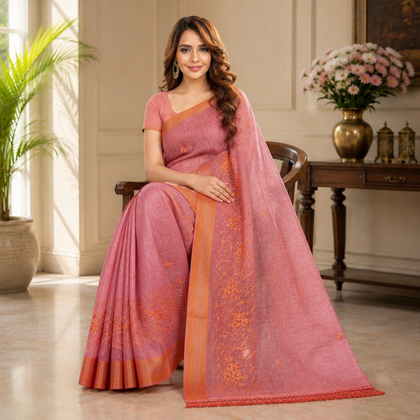 Elegant Dusty Rose Embroidered Linen Blend Saree with Copper Border