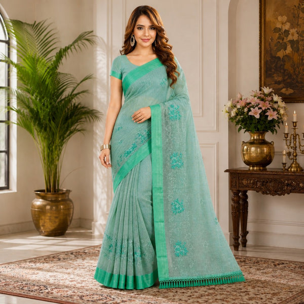 Elegant Sea Green Embroidered Linen Silk Saree with Floral Thread Work