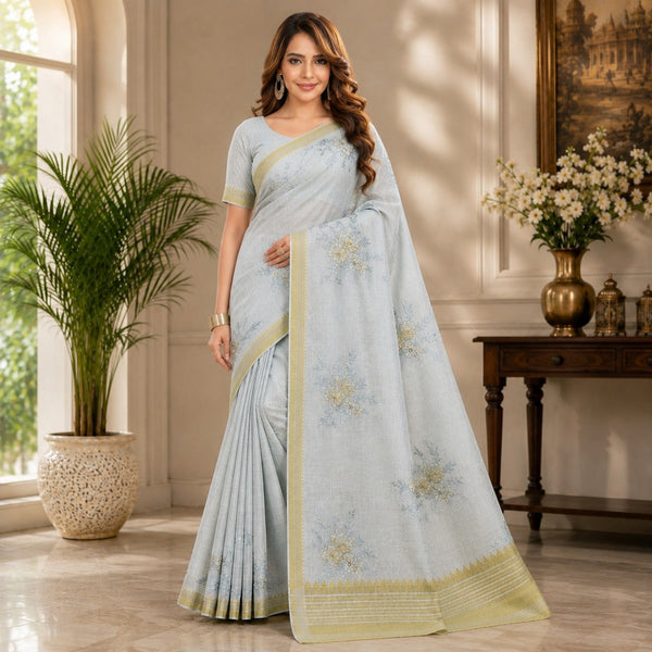 Elegant Ice Blue Embroidered Linen Blend Saree with Olive Green Woven Border