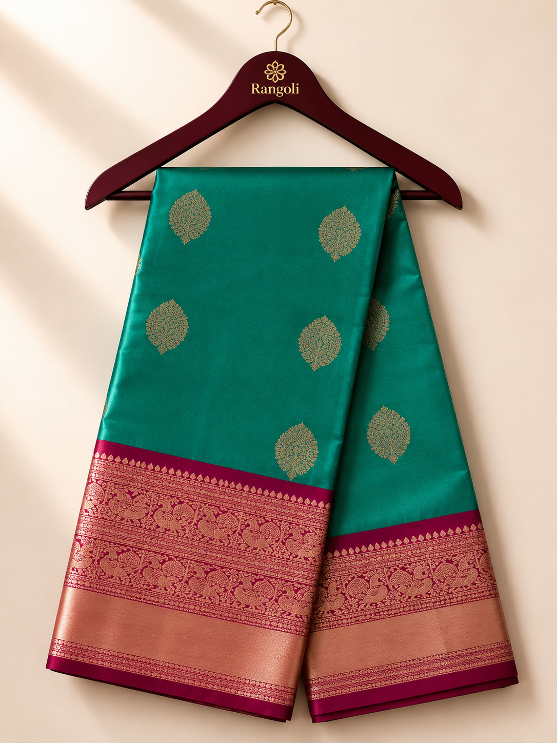 Premium Teal Uppada Silk Saree with Gold Butta & Contrast Magenta Zari Border