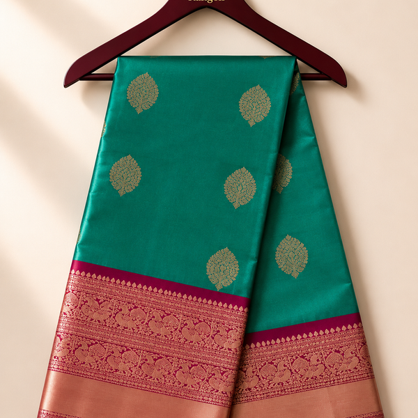 Premium Teal Uppada Silk Saree with Gold Butta & Contrast Magenta Zari Border