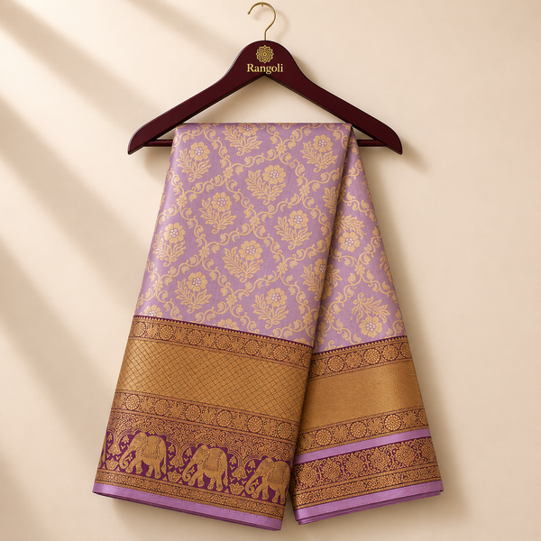 Premium Lavender Kanchi Pattu Silk Saree with Intricate Zari Floral Weaving & Traditional Elephant Border