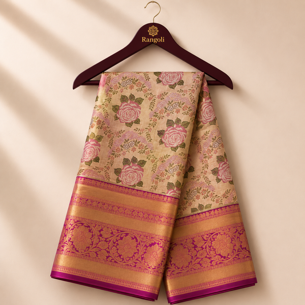 Premium Beige Floral Kanchi Pattu Silk Saree with Rich Magenta Zari Border