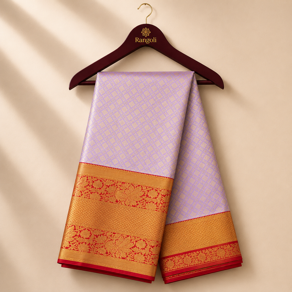 Premium Lavender Kanchi Pattu Silk Saree with Rich Zari Weaving & Contrast Red-Gold Border