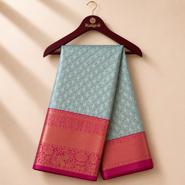 Premium Ice Blue Kanchi Pattu Silk Saree with Intricate Zari Weaving & Contrast Pink Zari Border