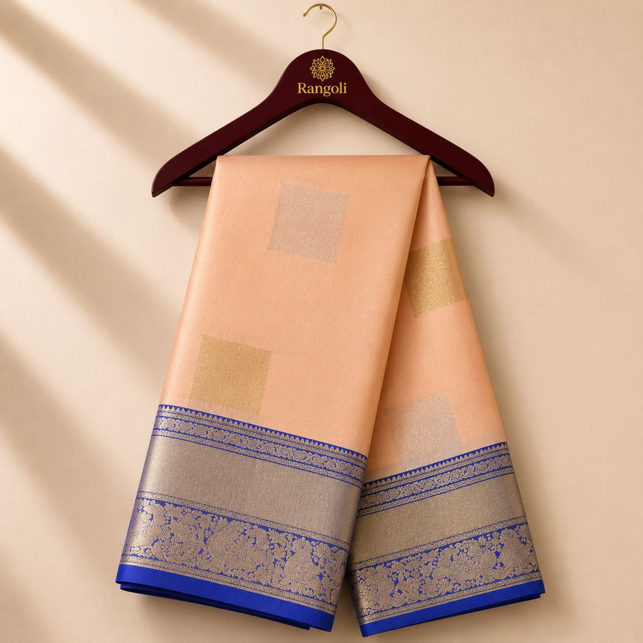 Premium Peach Kanchi Pattu Silk Saree with Silver-Gold Zari Checks & Royal Blue Contrast Border