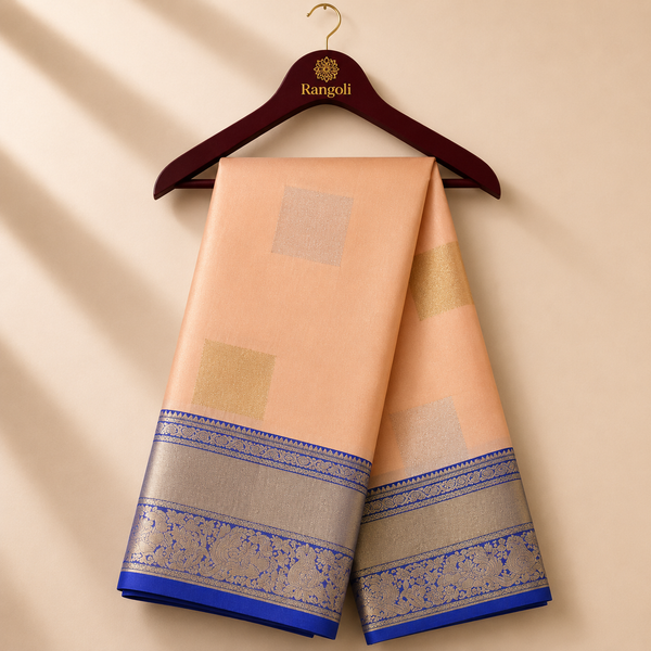 Premium Peach Kanchi Pattu Silk Saree with Silver-Gold Zari Checks & Royal Blue Contrast Border