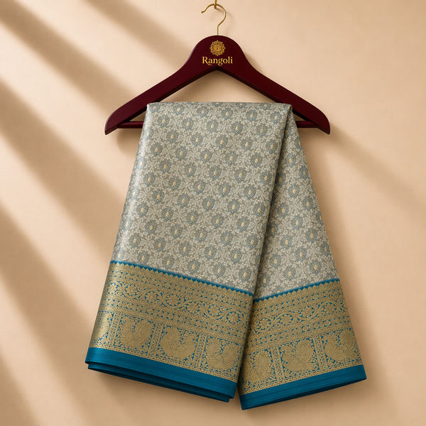Premium Silver Grey Kanchi Pattu Silk Saree with Teal Peacock Zari Border