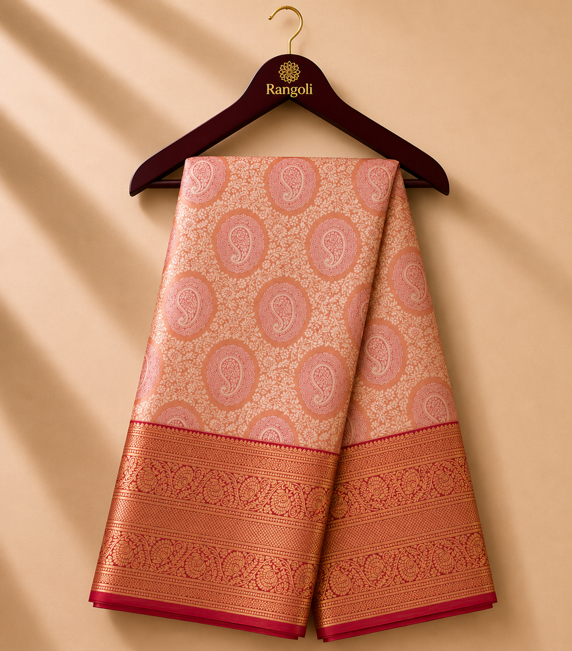 Elegant Peach Kanchi Pattu Silk Saree with Traditional Paisley Weaving & Rich Zari Border