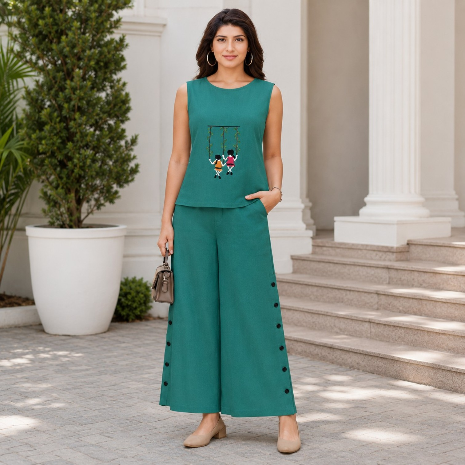Teal Green Embroidered Sleeveless Co-Ord Set