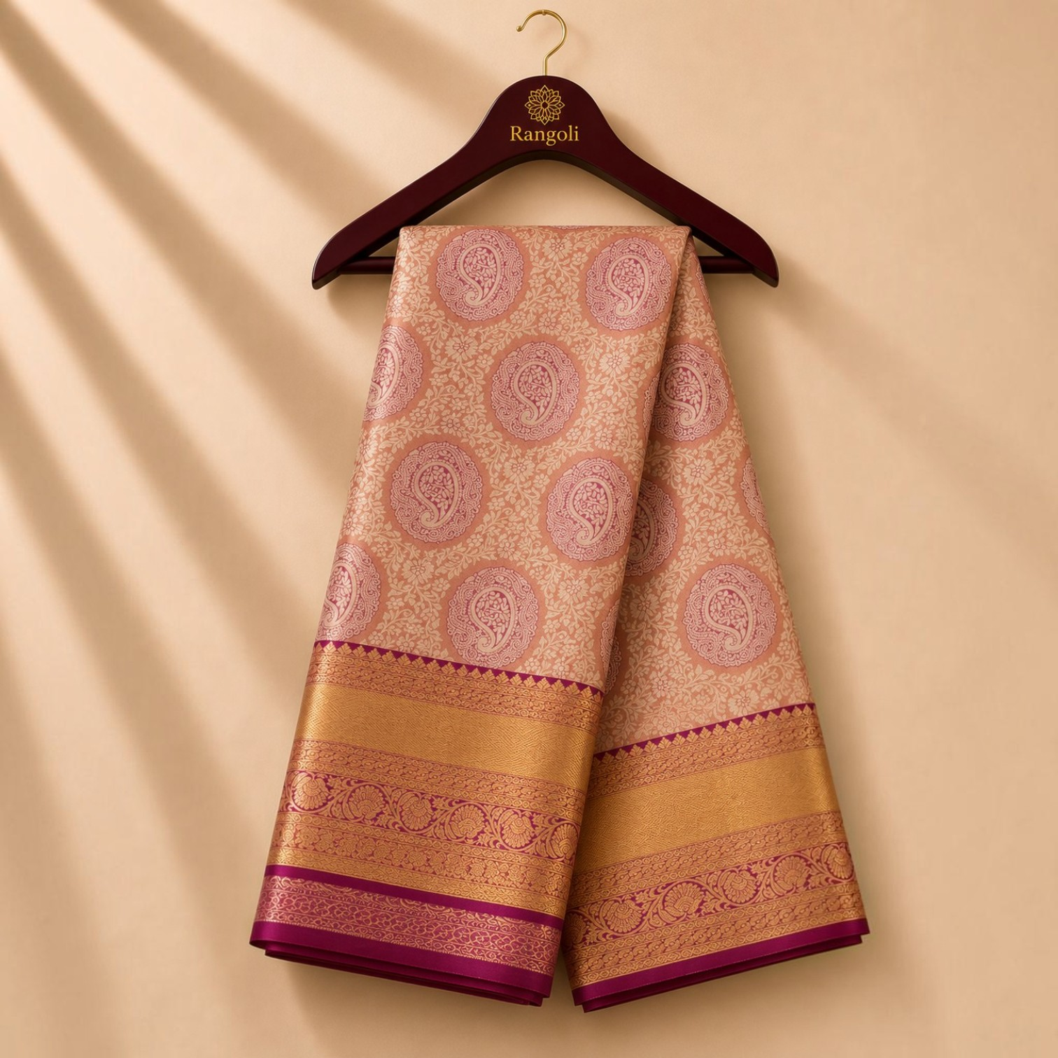 Premium Peach Pink Kanchi Pattu Silk Saree with Rich Magenta Zari Border