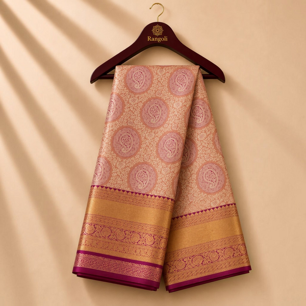 Premium Peach Pink Kanchi Pattu Silk Saree with Rich Magenta Zari Border