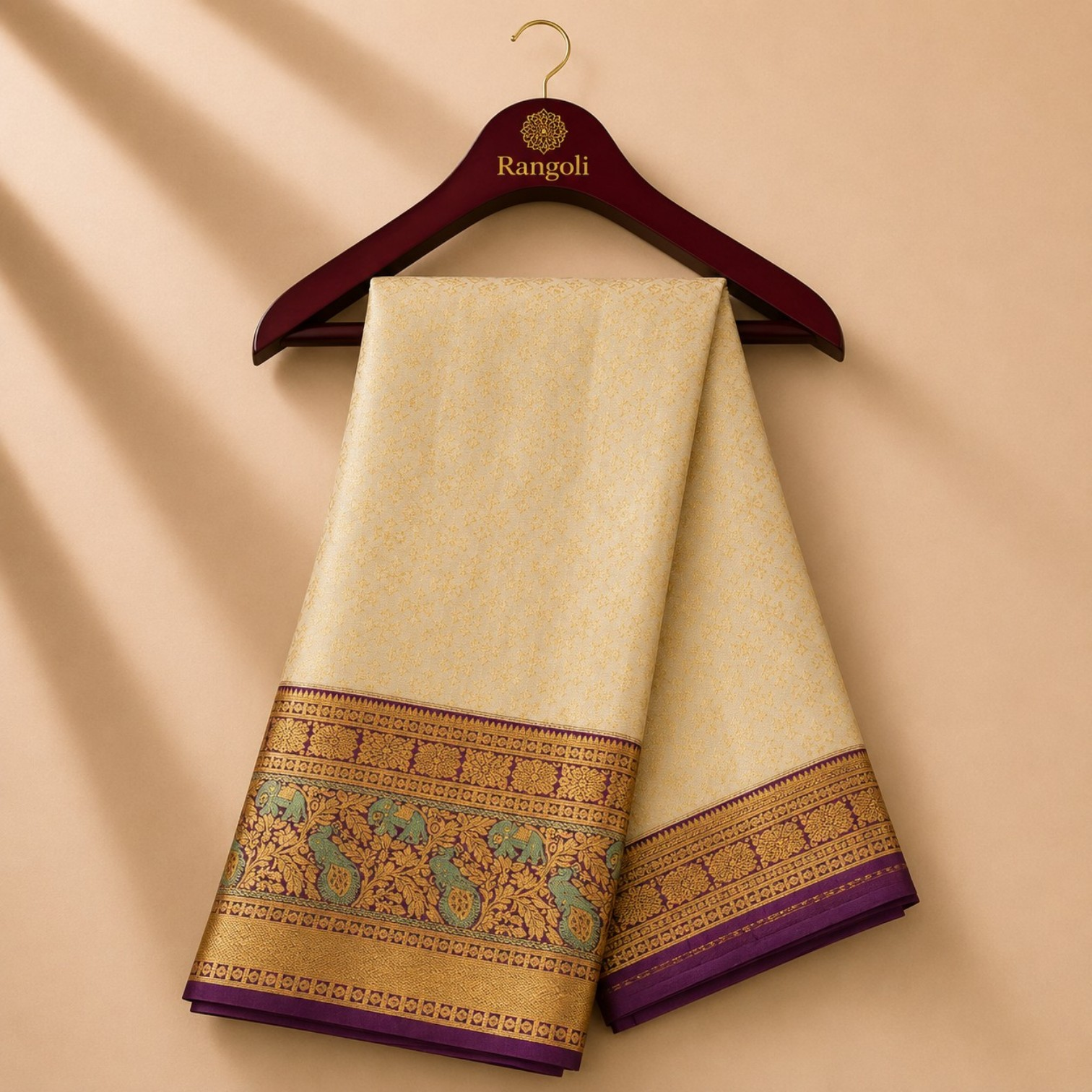 Premium Ivory Kanchi Pattu Silk Saree with Peacock & Elephant Zari Border