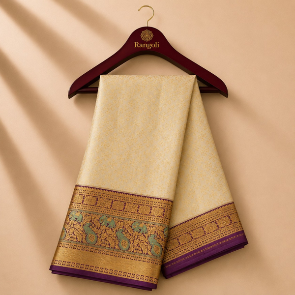 Premium Ivory Kanchi Pattu Silk Saree with Peacock & Elephant Zari Border