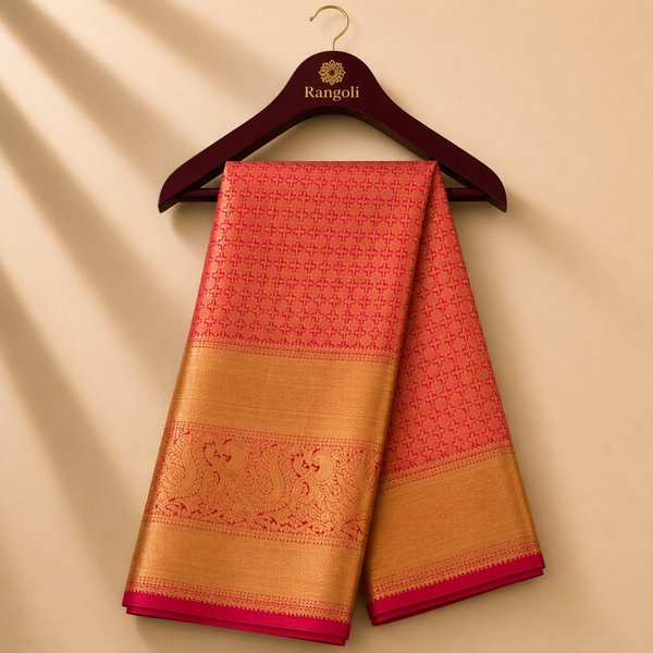 Premium Coral Orange Kanchi Pattu Silk Saree with Grand Gold Zari Border
