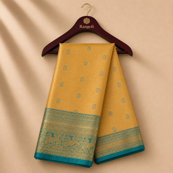 Mustard Gold Kanchi Pattu Silk Saree with Teal Zari Peacock Border