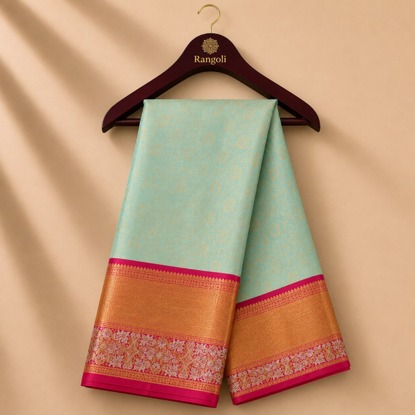 Turquoise Blue Kanchi Pattu Silk Saree with Pink Contrast Zari Border