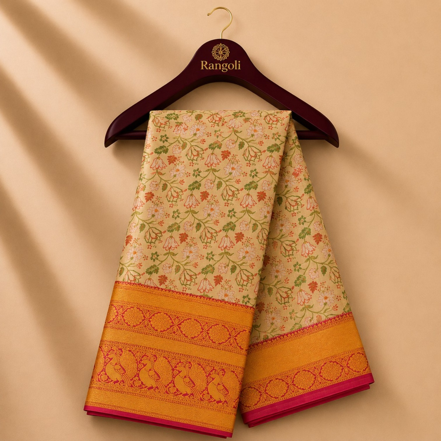 Cream Floral Kanchi Pattu Silk Saree with Magenta Peacock Zari Border