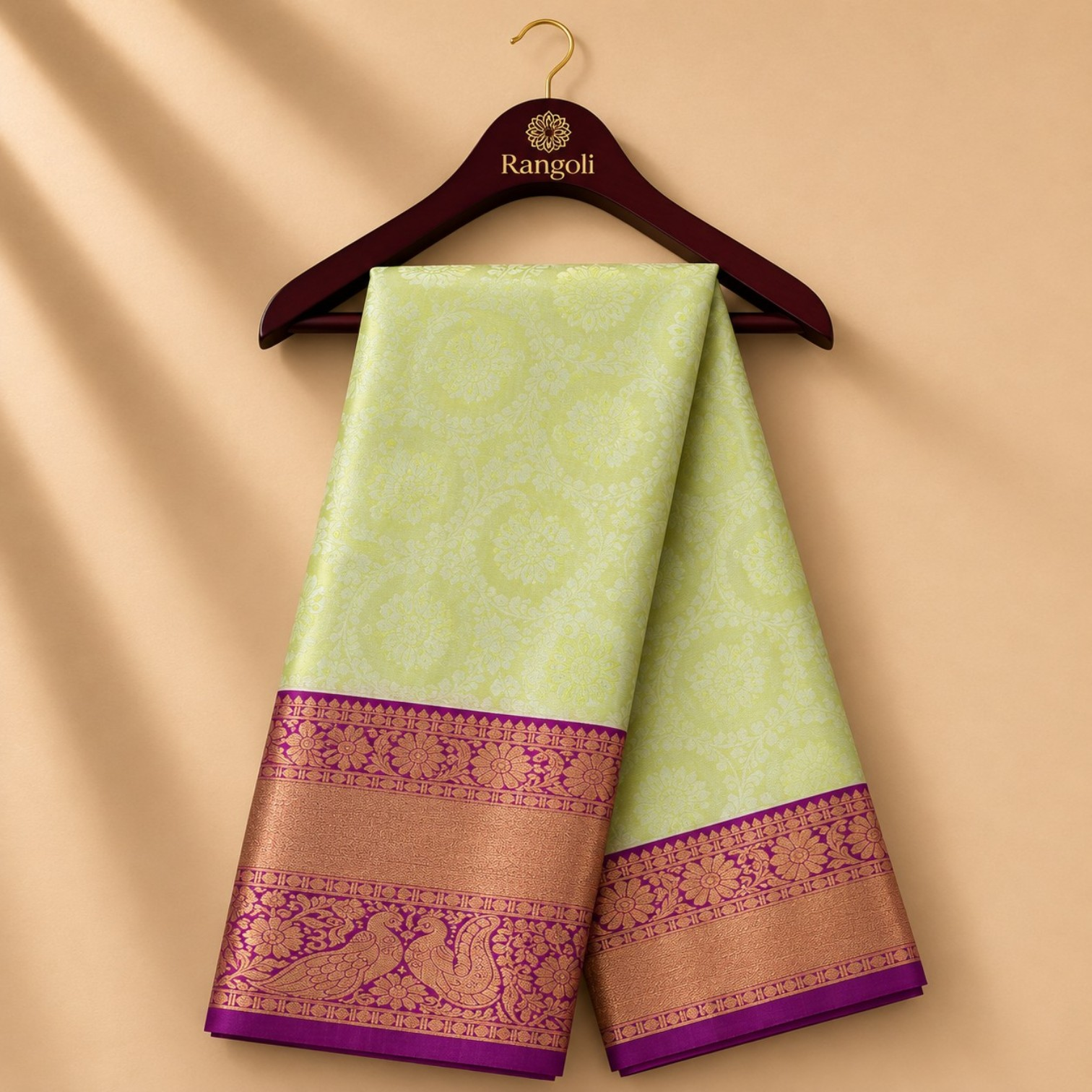 Elegant Lime Green Kanchi Pattu Silk Saree with Rich Purple Zari Border
