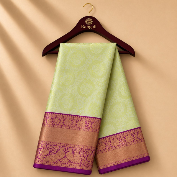Elegant Lime Green Kanchi Pattu Silk Saree with Rich Purple Zari Border