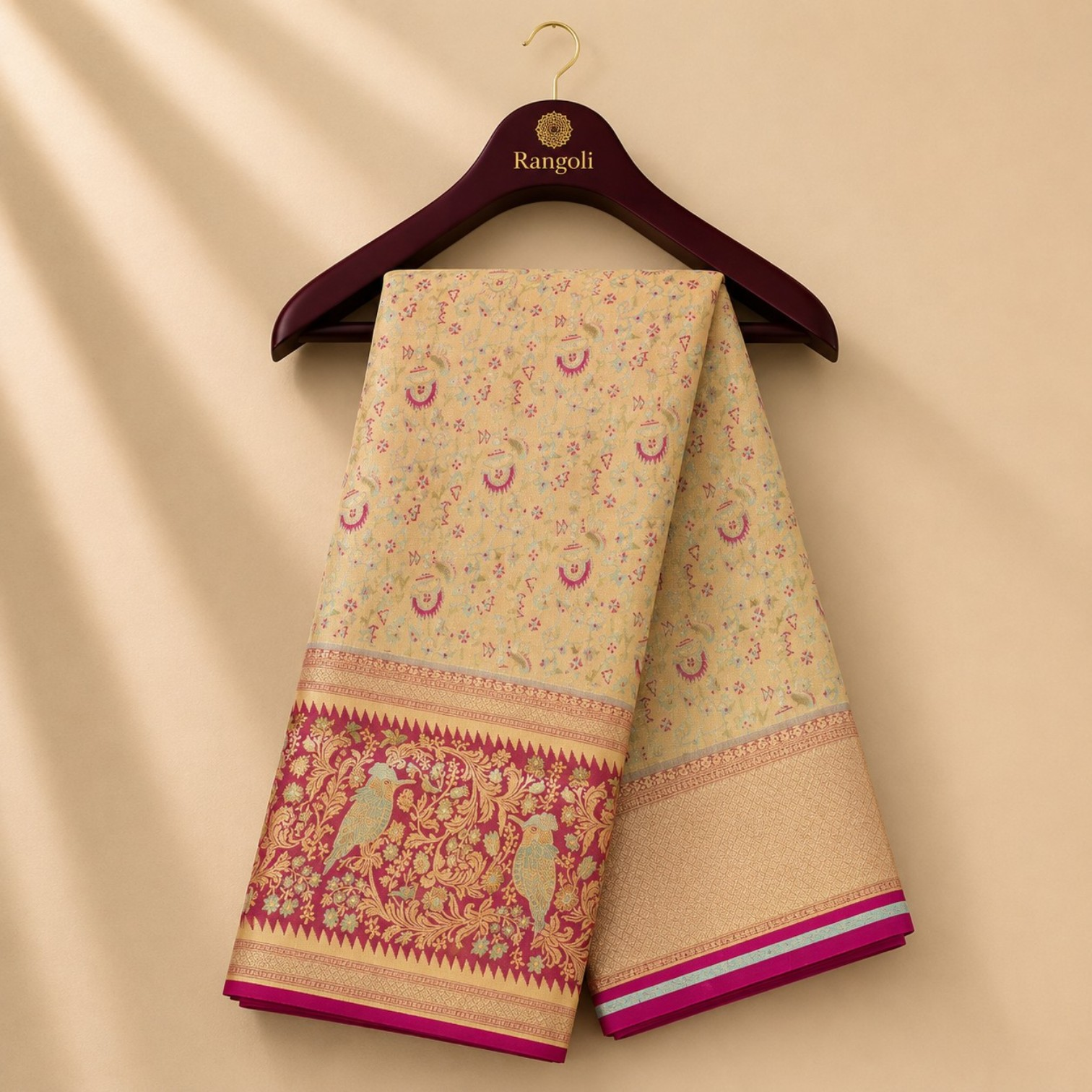 Elegant Beige Kanchi Pattu Silk Saree with Magenta Bird Motif Zari Border