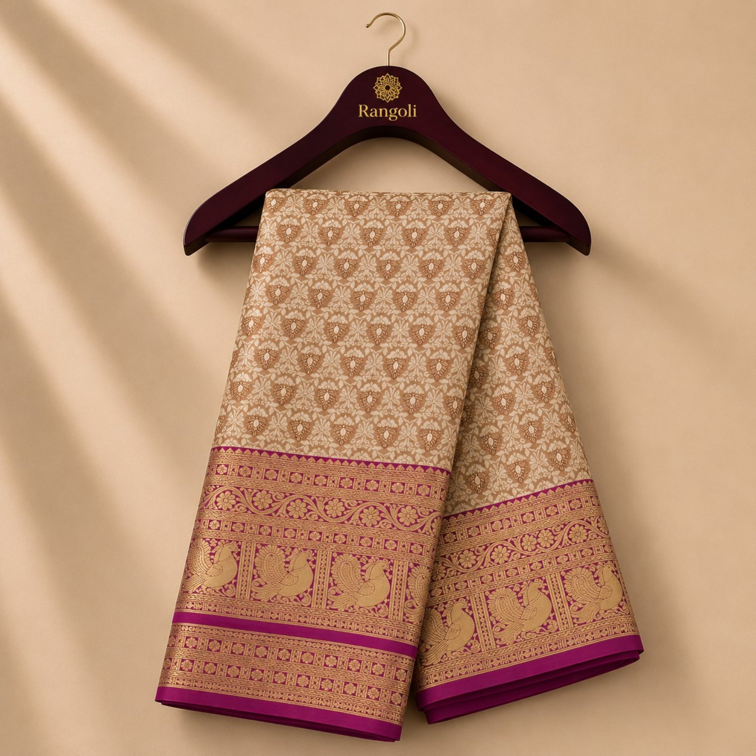 Elegant Beige Kanchi Pattu Silk Saree with Royal Magenta Peacock Zari Border